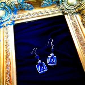 💥C. PAQUIN - Artisan Signed Blue Ceramic&Crystal Silver Raven Sparrow Earrings